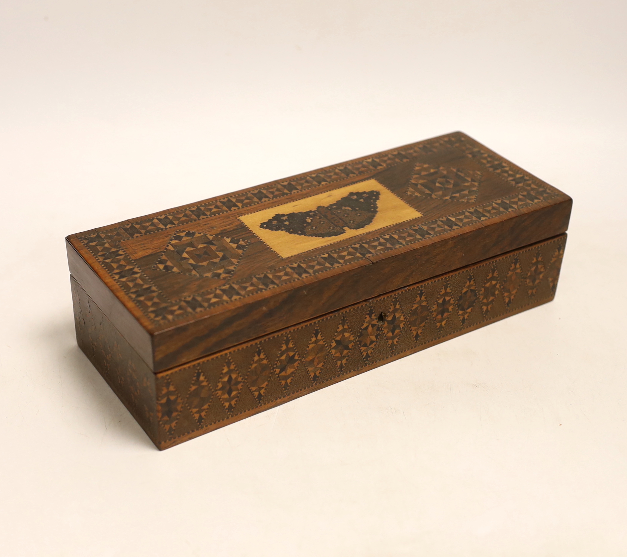 A Tunbridgeware rosewood half square mosaic and butterfly mosaic glove box, circa 1830-50, 24cm wide